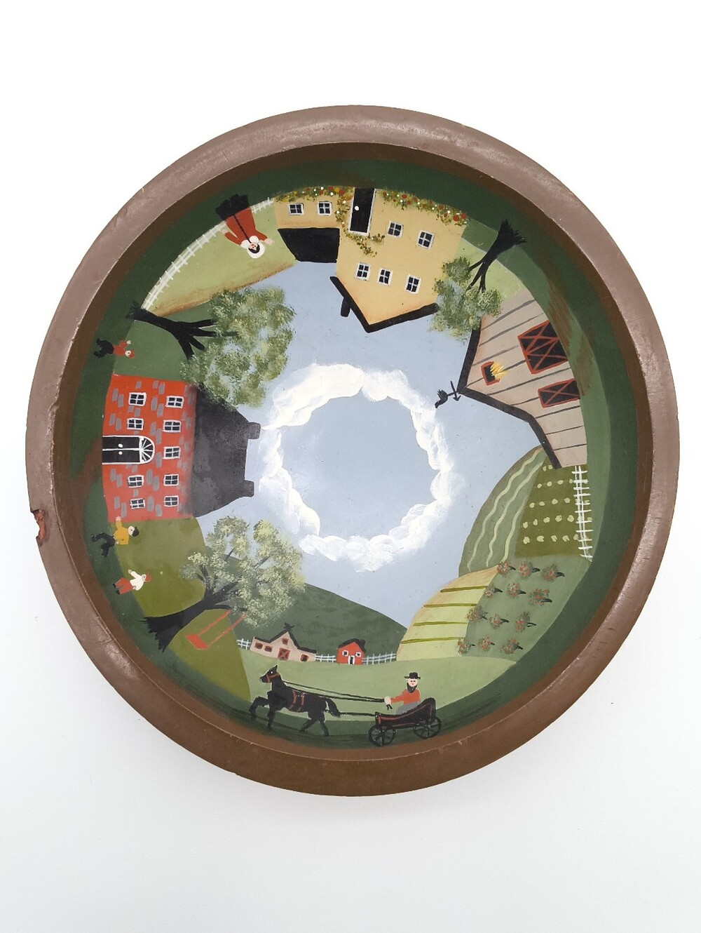 Vintage 10" Hand Painted Wooden Folk Art Bowl - Amish Country Scene